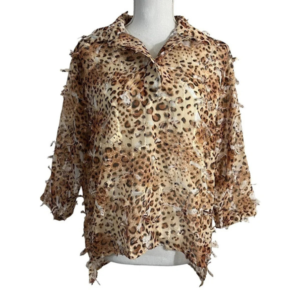 Feratelli Vintage Textured Frayed Leopard Cheetah Blouse Medium Sheer 3/4 Sleeve - Picture 1 of 10